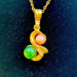 Vintage Jade & Coral Pendant with Chain